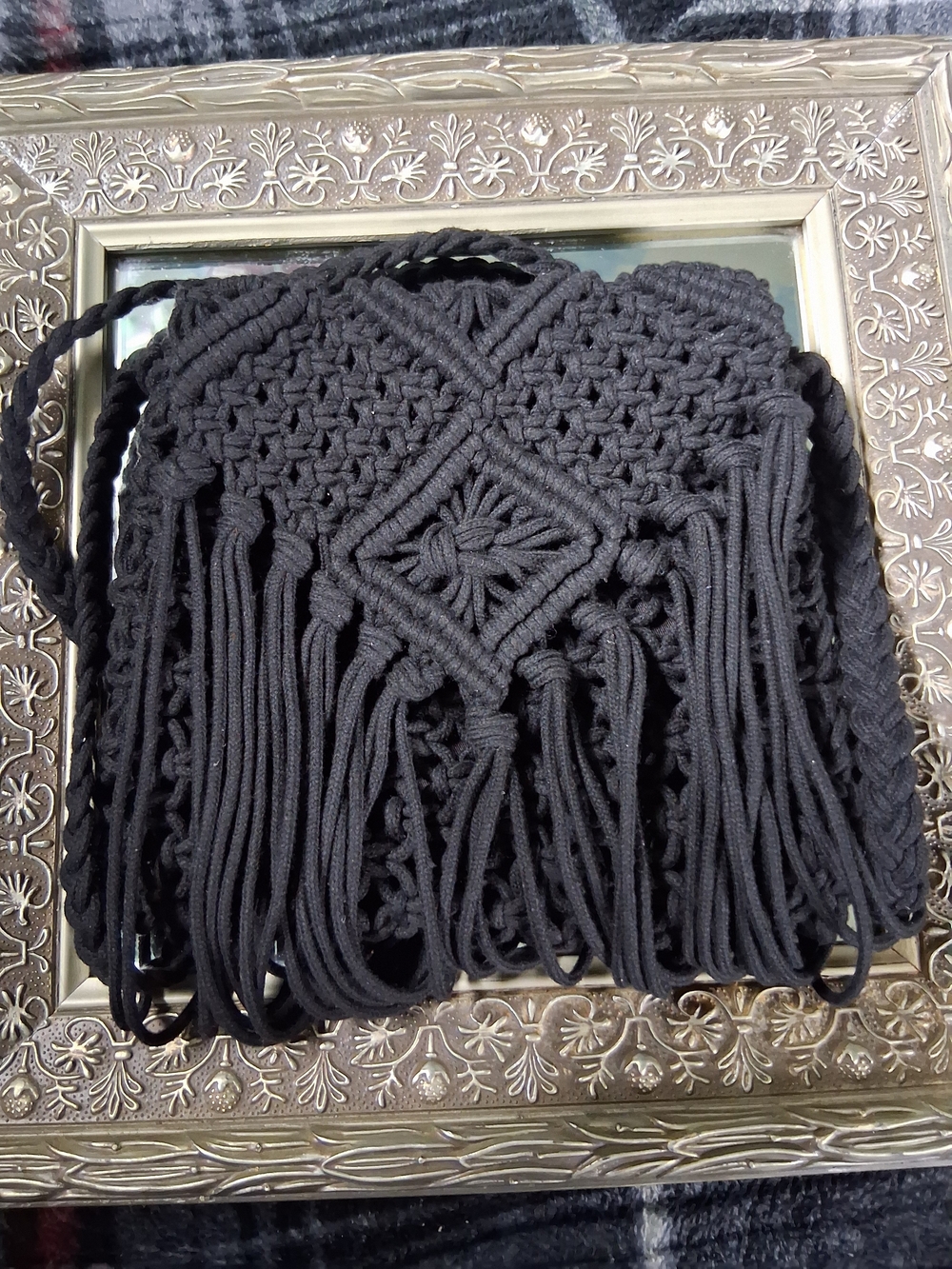 Handwoven Black Macramé Fringe Crossbody Bag
